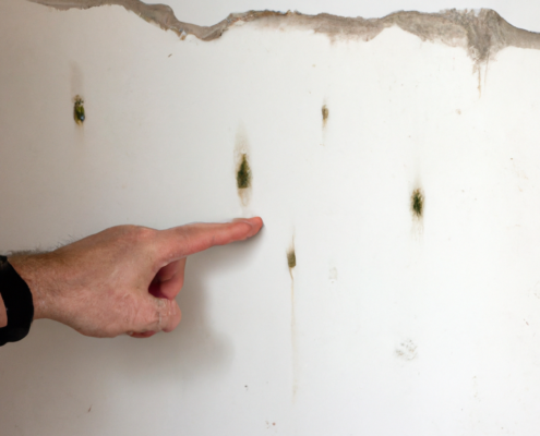 persoana indică locația exactă a umidității pe perete